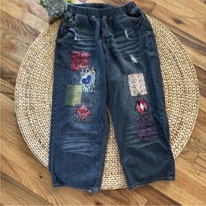 Free People Capri jeans size small baggy distressed elastic waist stretch #BTC